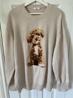 Ardene Jacquard Doodle Puppy 100% cotton crewneck sweater in Cream Size Large